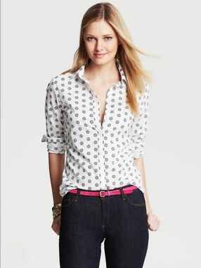 BANANA REPUBLIC White Cotton With Navy Nautical Print Button Down Shirt